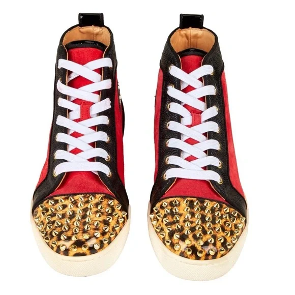 Christian Louboutin High Top Leopard Print Spike Toe Trainers Sneakers - Picture 2 of 9